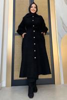 Tesettür giyim SİYAH DÜĞMELİ KUŞAKLI KABAN 7277 