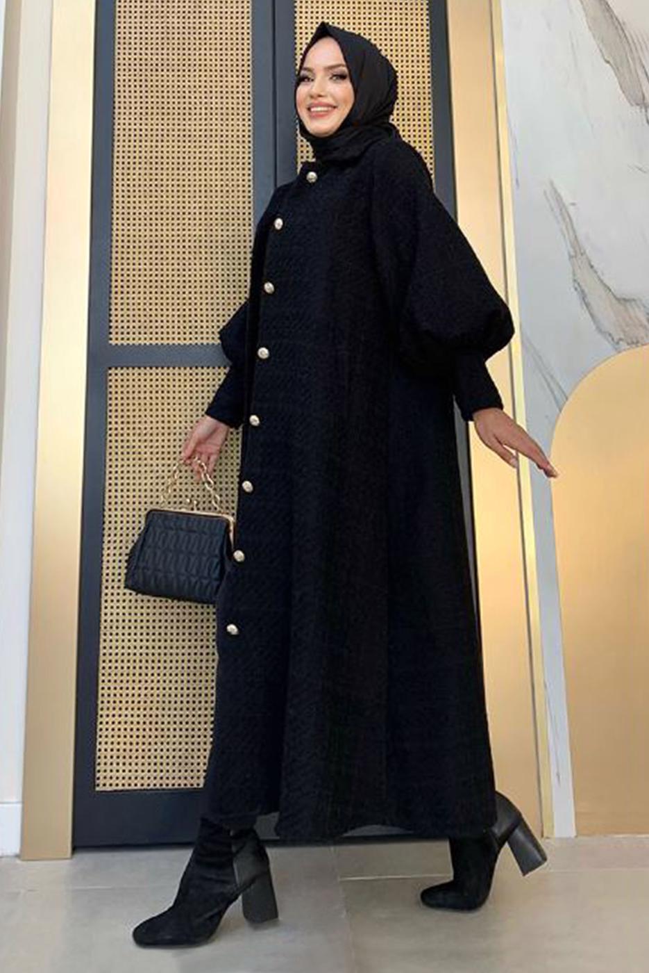Tesettür giyim SİYAH DÜĞMELİ KUŞAKLI KABAN 7277 