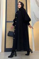 Tesettür giyim SİYAH DÜĞMELİ KUŞAKLI KABAN 7277 