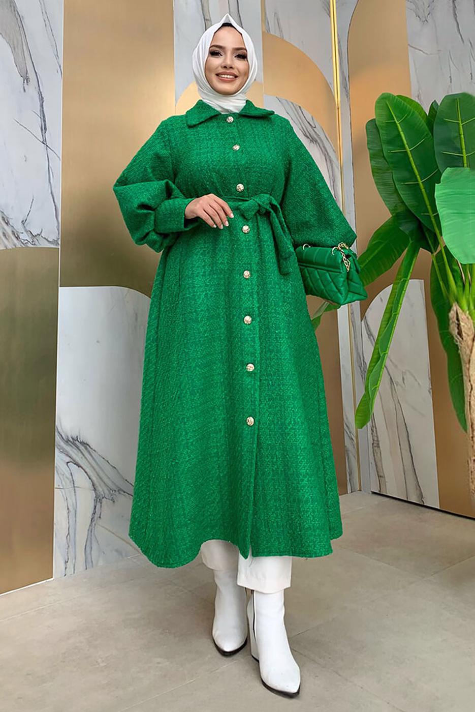 Tesettür giyim YEŞİL DÜĞMELİ KUŞAKLI KABAN 7277 