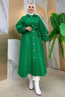 Tesettür giyim YEŞİL DÜĞMELİ KUŞAKLI KABAN 7277 
