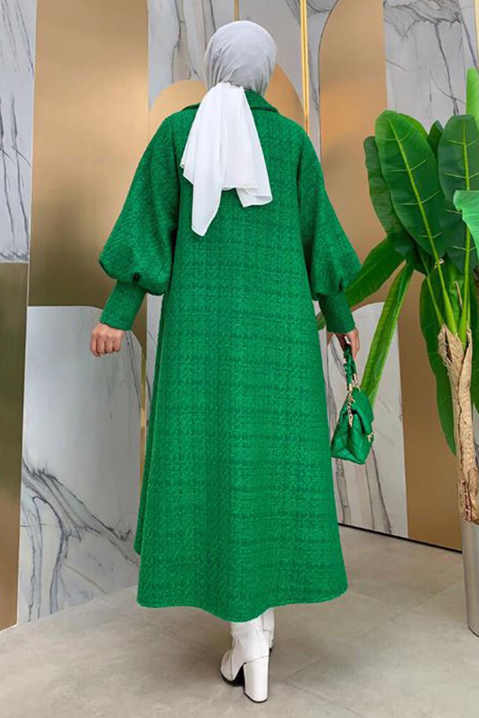 Tesettür giyim YEŞİL DÜĞMELİ KUŞAKLI KABAN 7277 