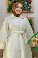 Tesettür giyim EKRU DÜĞMELİ KUŞAKLI KABAN 7277 