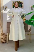 Tesettür giyim EKRU DÜĞMELİ KUŞAKLI KABAN 7277 