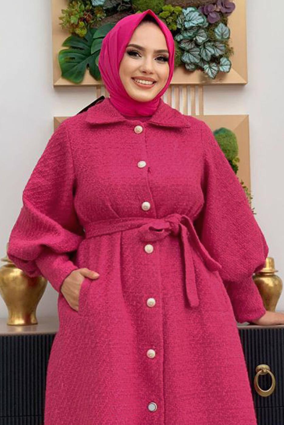 Tesettür giyim FUŞYA DÜĞMELİ KUŞAKLI KABAN 7277 
