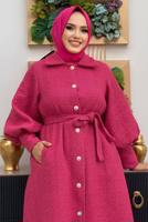 Tesettür giyim FUŞYA DÜĞMELİ KUŞAKLI KABAN 7277 