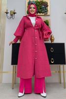 Tesettür giyim FUŞYA DÜĞMELİ KUŞAKLI KABAN 7277 