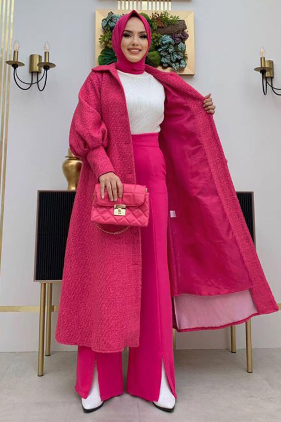 Tesettür giyim FUŞYA DÜĞMELİ KUŞAKLI KABAN 7277 