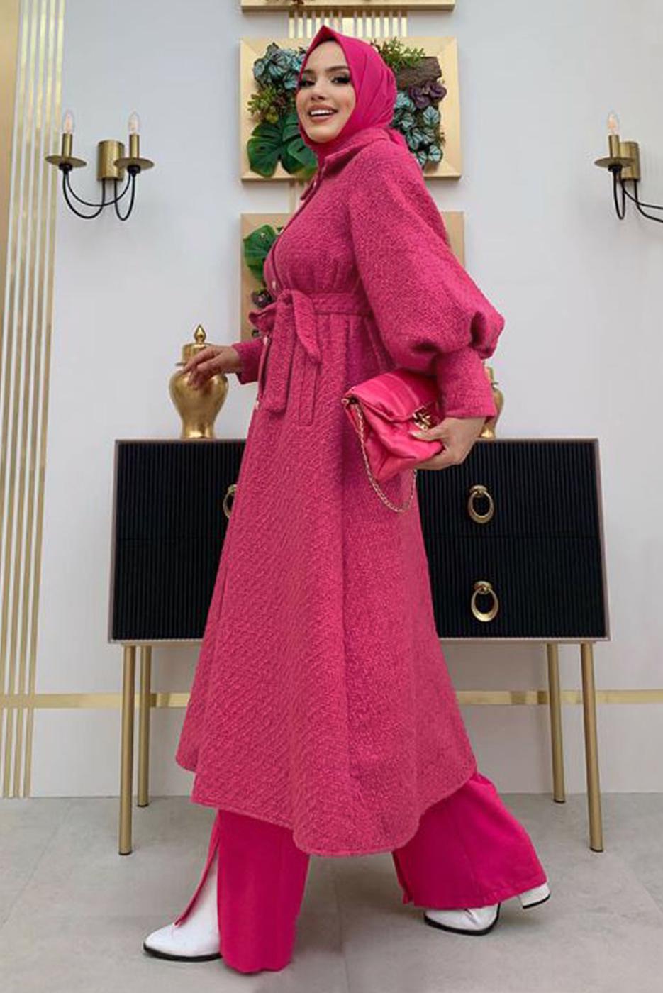 Tesettür giyim FUŞYA DÜĞMELİ KUŞAKLI KABAN 7277 