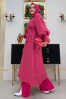 Tesettür giyim FUŞYA DÜĞMELİ KUŞAKLI KABAN 7277 