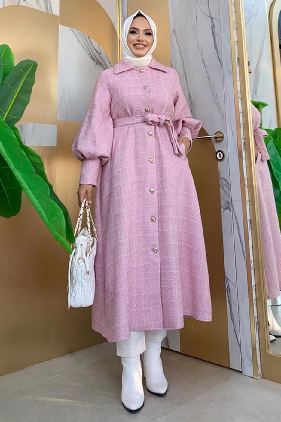 Tesettür giyim PUDRA DÜĞMELİ KUŞAKLI KABAN 7277 