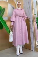 Tesettür giyim PUDRA DÜĞMELİ KUŞAKLI KABAN 7277 