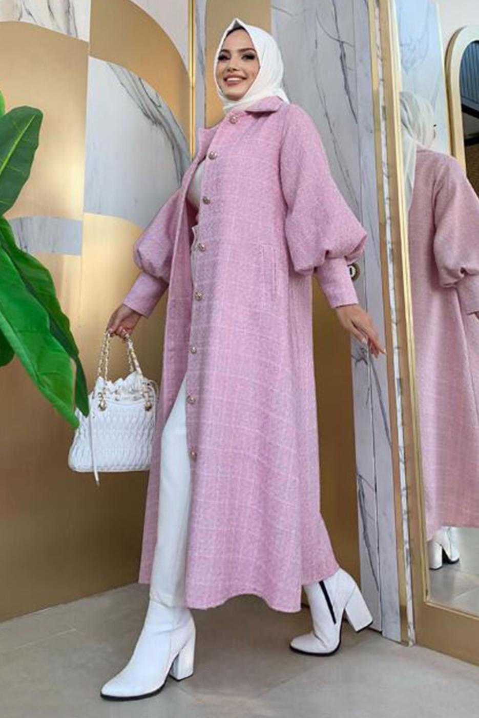 Tesettür giyim PUDRA DÜĞMELİ KUŞAKLI KABAN 7277 