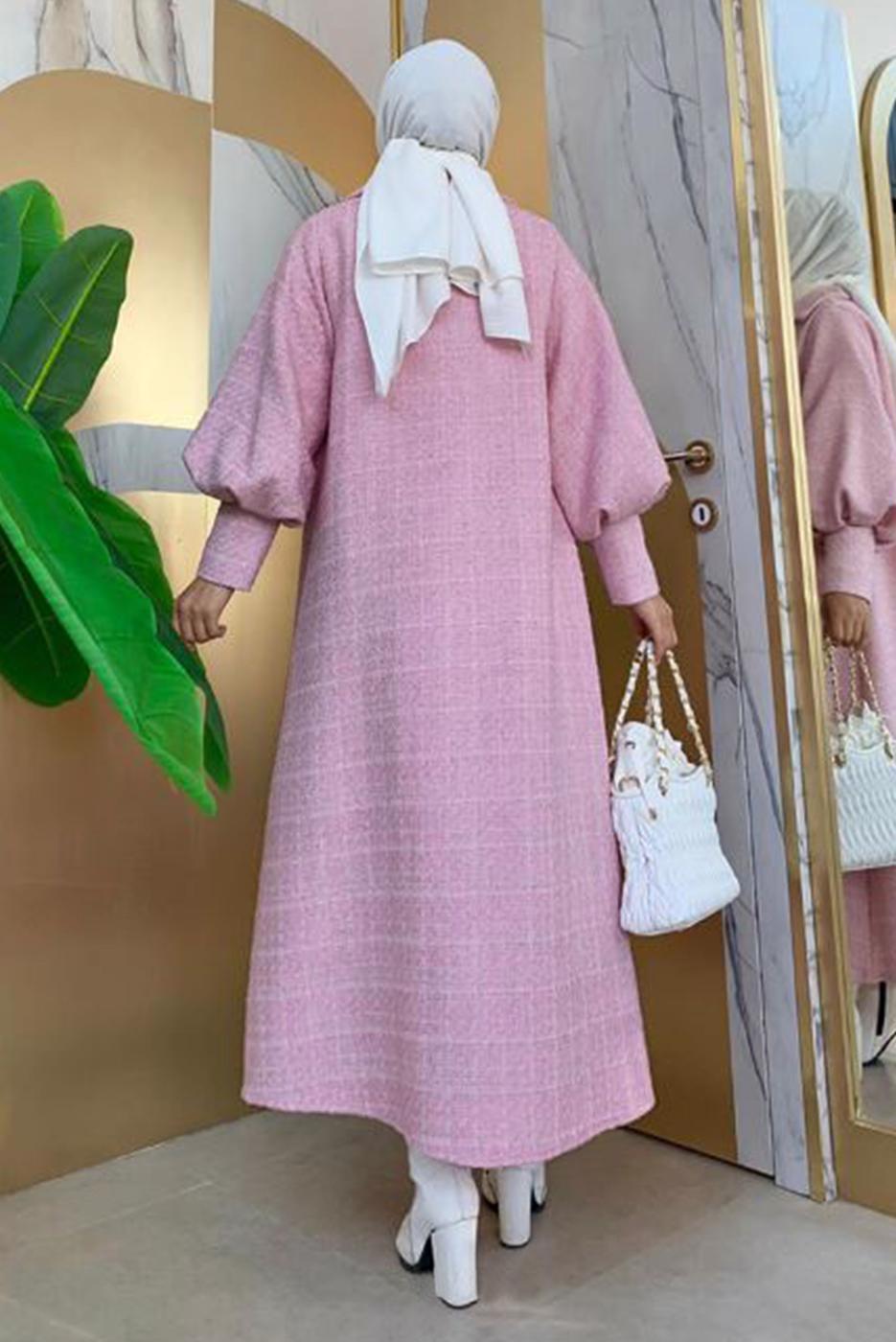 Tesettür giyim PUDRA DÜĞMELİ KUŞAKLI KABAN 7277 