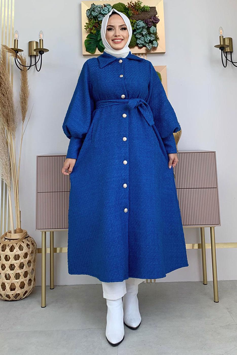 Tesettür giyim LACİVERT DÜĞMELİ KUŞAKLI KABAN 7277 
