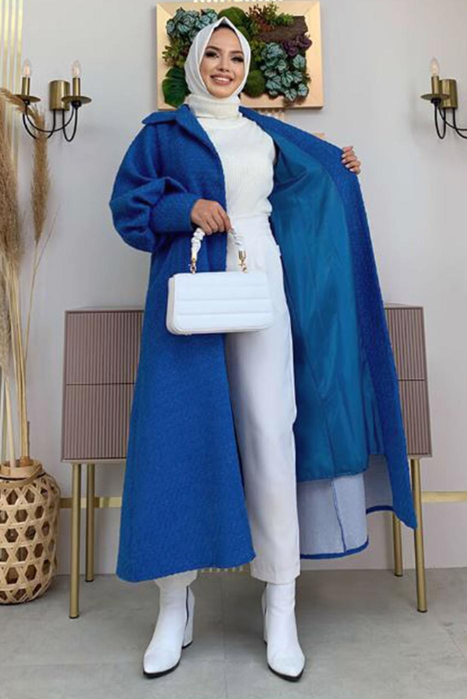 Tesettür giyim LACİVERT DÜĞMELİ KUŞAKLI KABAN 7277 
