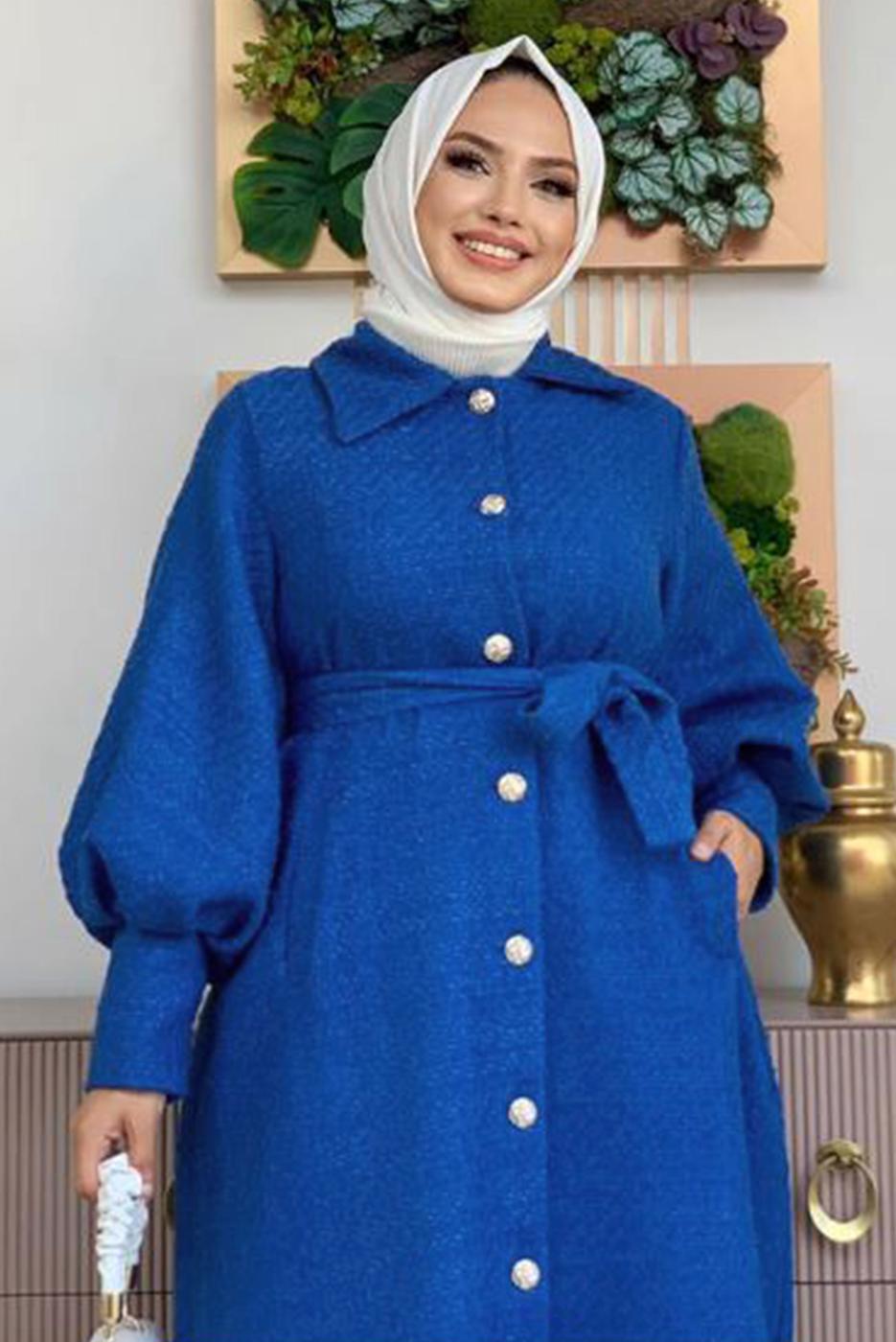 Tesettür giyim LACİVERT DÜĞMELİ KUŞAKLI KABAN 7277 