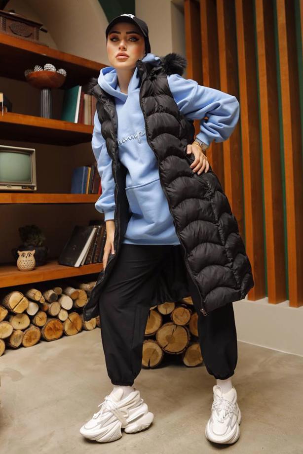 Tesettür giyim SİYAH KAPÜŞONLU KÜRKLÜ ŞİŞME YELEK 7429 - TRENDTESETTÜR