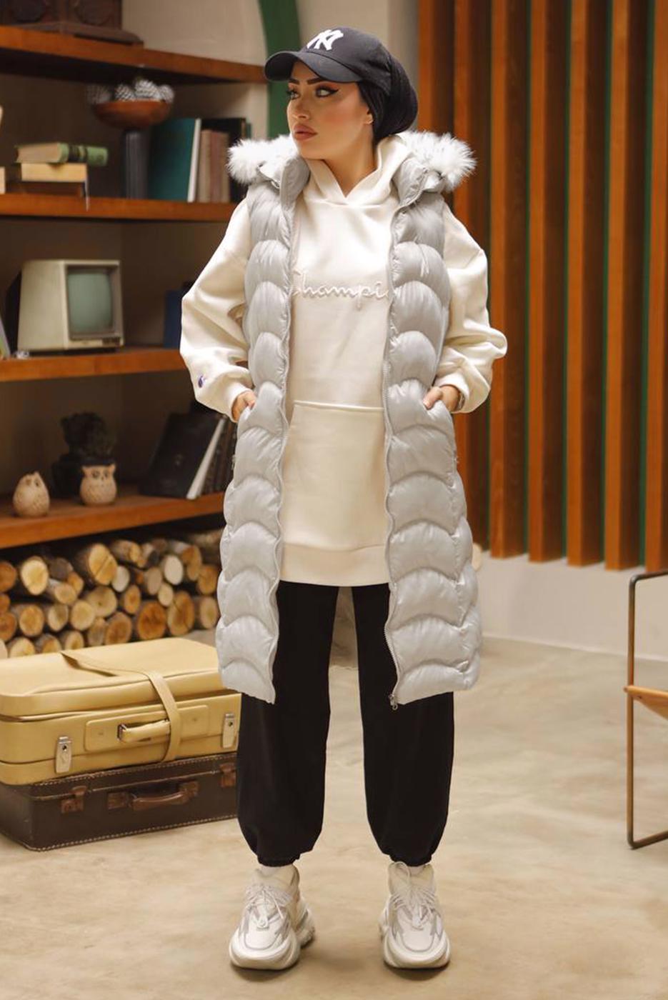 Hijab clothing ECRU FURRY HOODED PUFFER VEST 7429
