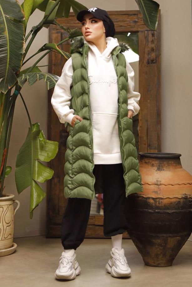 Tesettür giyim YEŞİL KAPÜŞONLU KÜRKLÜ ŞİŞME YELEK 7429 - TRENDTESETTÜR