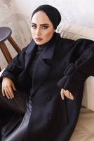 Tesettür giyim SİYAH MANŞETLERİ KEMERLİ DÜĞMELİ KAŞE KABAN 7529