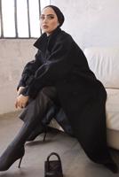 Tesettür giyim SİYAH MANŞETLERİ KEMERLİ DÜĞMELİ KAŞE KABAN 7529