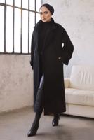 Tesettür giyim SİYAH MANŞETLERİ KEMERLİ DÜĞMELİ KAŞE KABAN 7529