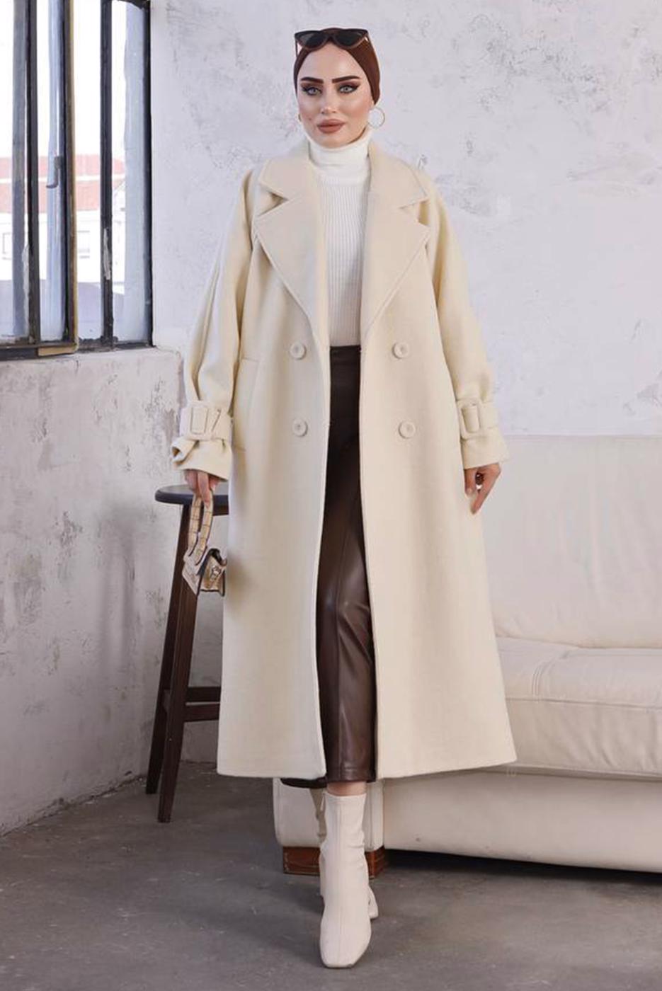 Tesettür giyim KREM MANŞETLERİ KEMERLİ DÜĞMELİ KAŞE KABAN 7529