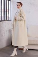 Tesettür giyim KREM MANŞETLERİ KEMERLİ DÜĞMELİ KAŞE KABAN 7529