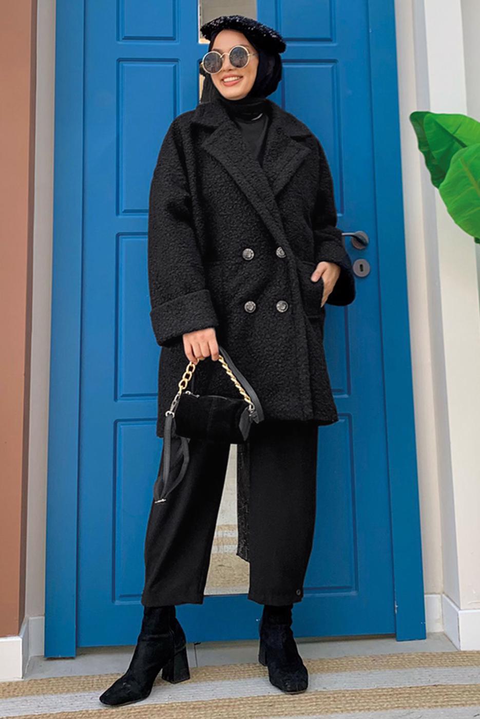 Tesettür giyim SİYAH DÜĞMELİ CEPLİ KABAN 7777