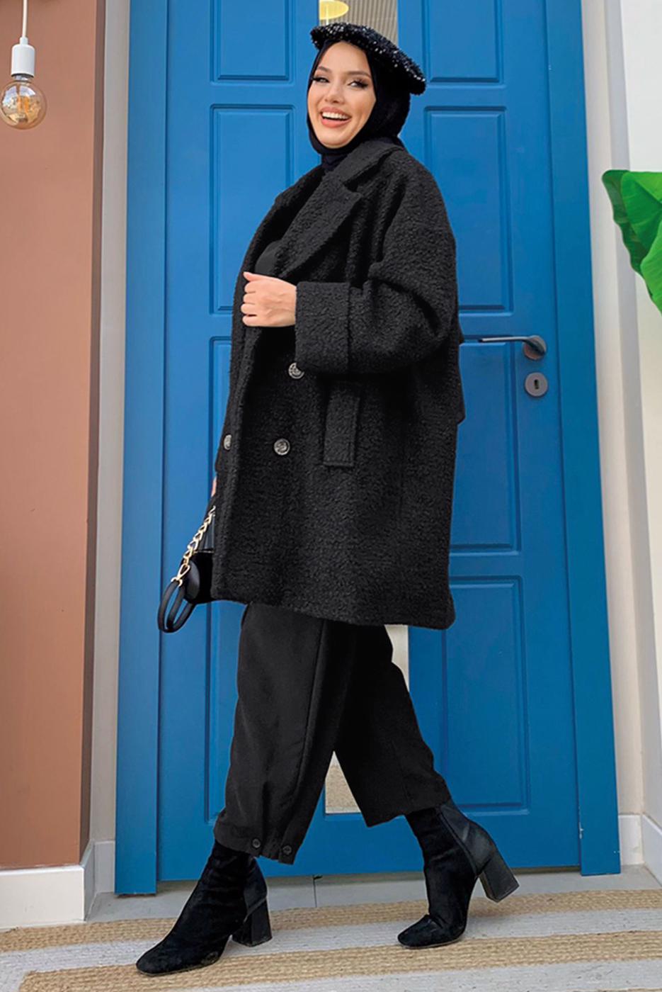 Tesettür giyim SİYAH DÜĞMELİ CEPLİ KABAN 7777