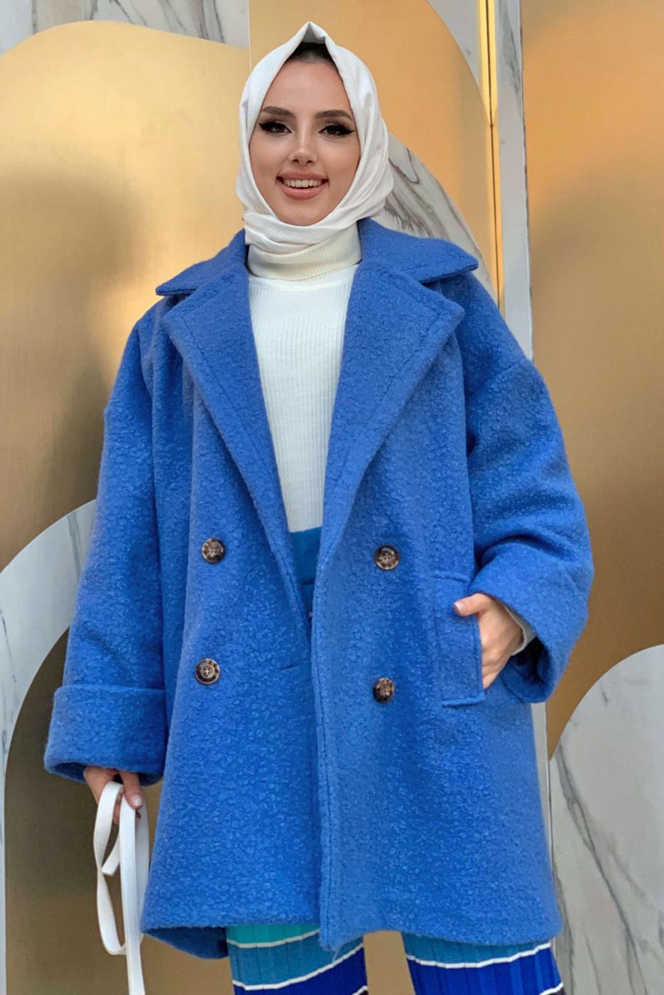 Tesettür giyim MAVİ DÜĞMELİ CEPLİ KABAN 7777