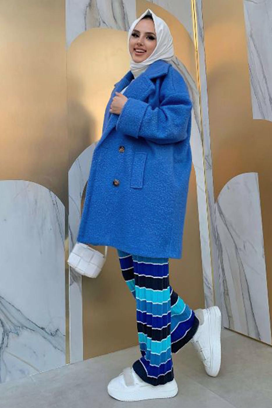 Tesettür giyim MAVİ DÜĞMELİ CEPLİ KABAN 7777