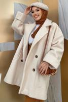 Tesettür giyim EKRU DÜĞMELİ CEPLİ KABAN 7777