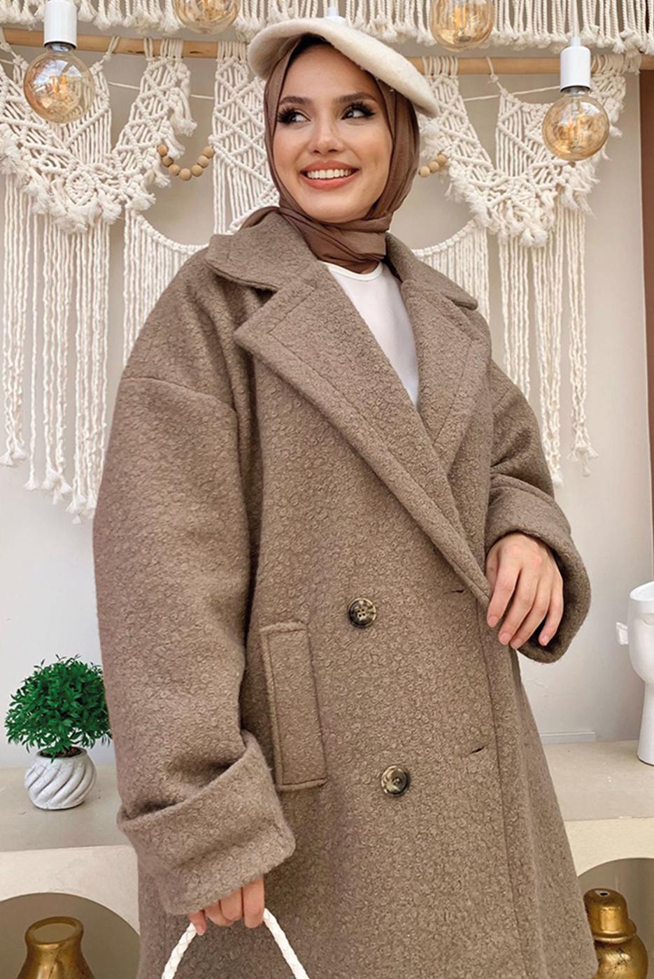 Tesettür giyim VİZON DÜĞMELİ CEPLİ KABAN 7777