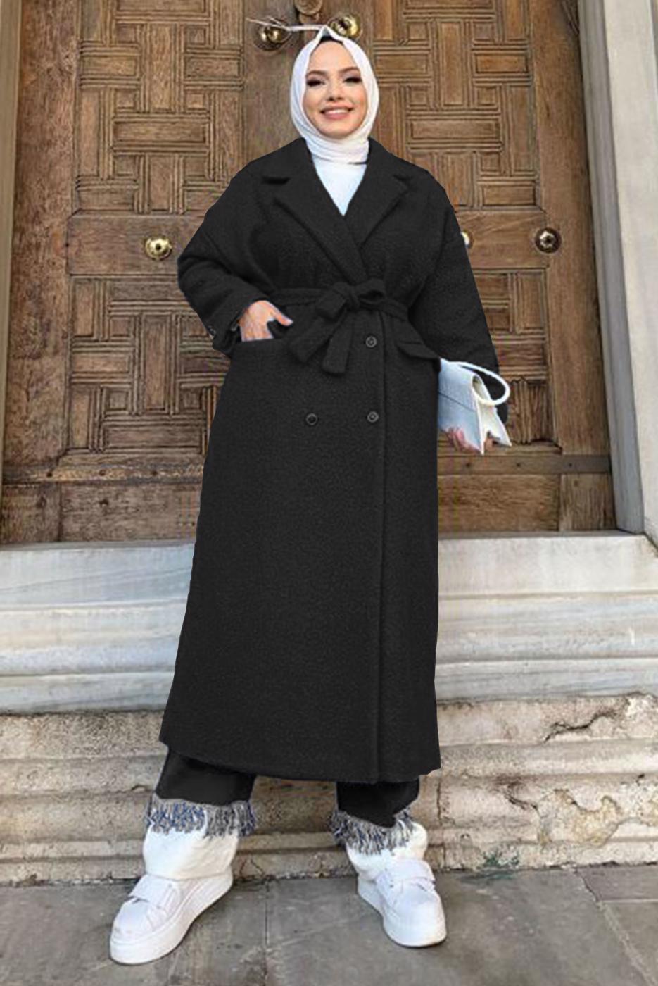Tesettür giyim SİYAH KUŞAKLI DÜĞMELİ MANTO 7877