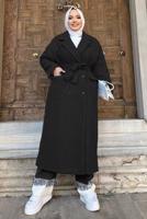 Tesettür giyim SİYAH KUŞAKLI DÜĞMELİ MANTO 7877