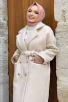 Tesettür giyim EKRU KUŞAKLI DÜĞMELİ MANTO 7877