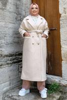 Tesettür giyim EKRU KUŞAKLI DÜĞMELİ MANTO 7877