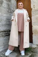 Tesettür giyim EKRU KUŞAKLI DÜĞMELİ MANTO 7877