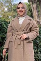 Tesettür giyim VİZON KUŞAKLI DÜĞMELİ MANTO 7877