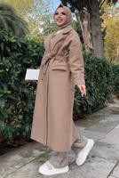 Tesettür giyim VİZON KUŞAKLI DÜĞMELİ MANTO 7877