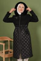 Tesettür giyim SİYAH KAPÜŞONLU BELİ LASTİKLİ  KABAN T 8483