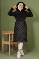 Tesettür giyim SİYAH KAPÜŞONLU BELİ LASTİKLİ  KABAN T 8483