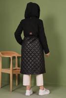 Tesettür giyim SİYAH KAPÜŞONLU BELİ LASTİKLİ  KABAN T 8483