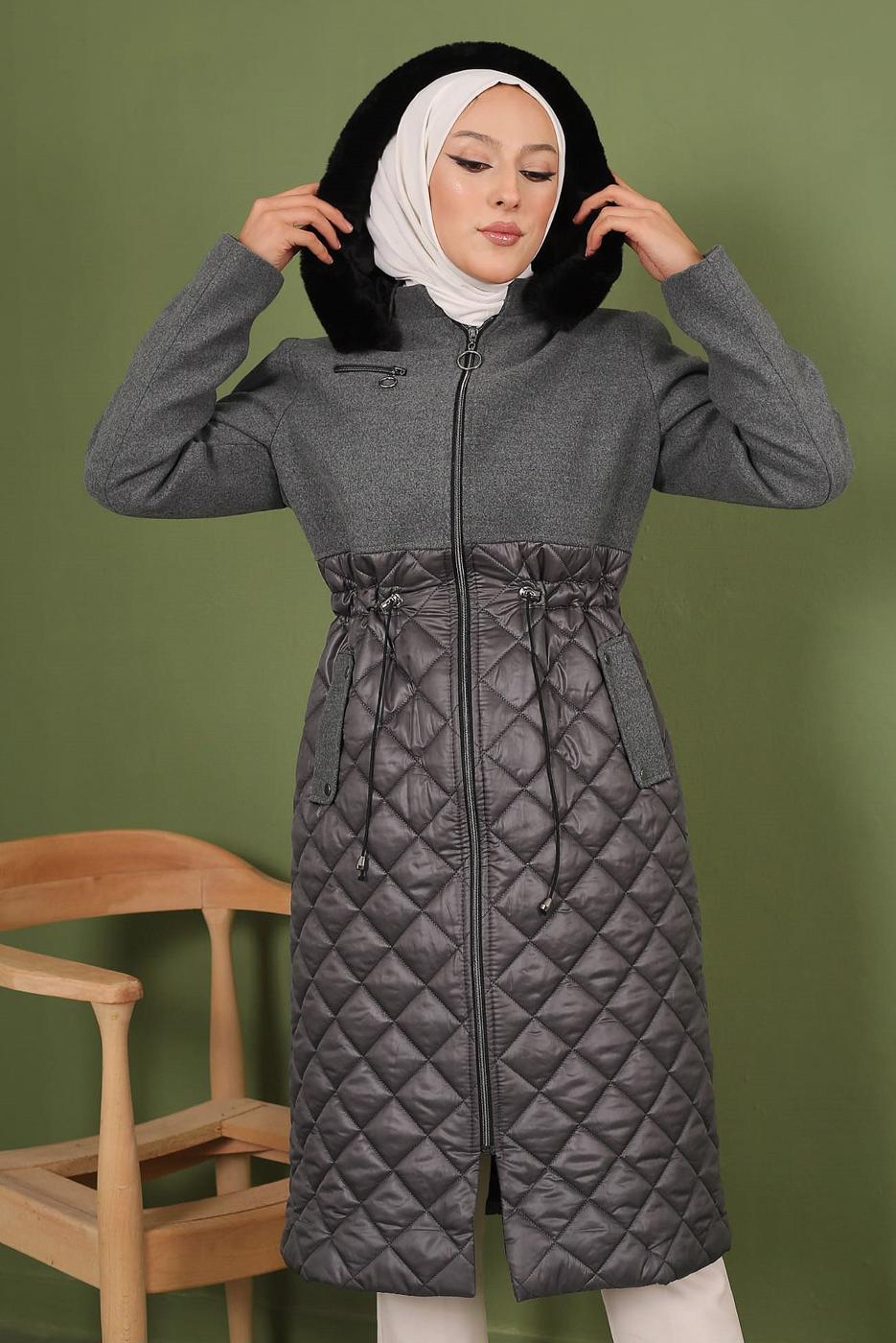 Tesettür giyim GRİ KAPÜŞONLU BELİ LASTİKLİ  KABAN T 8483