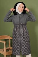 Tesettür giyim GRİ KAPÜŞONLU BELİ LASTİKLİ  KABAN T 8483