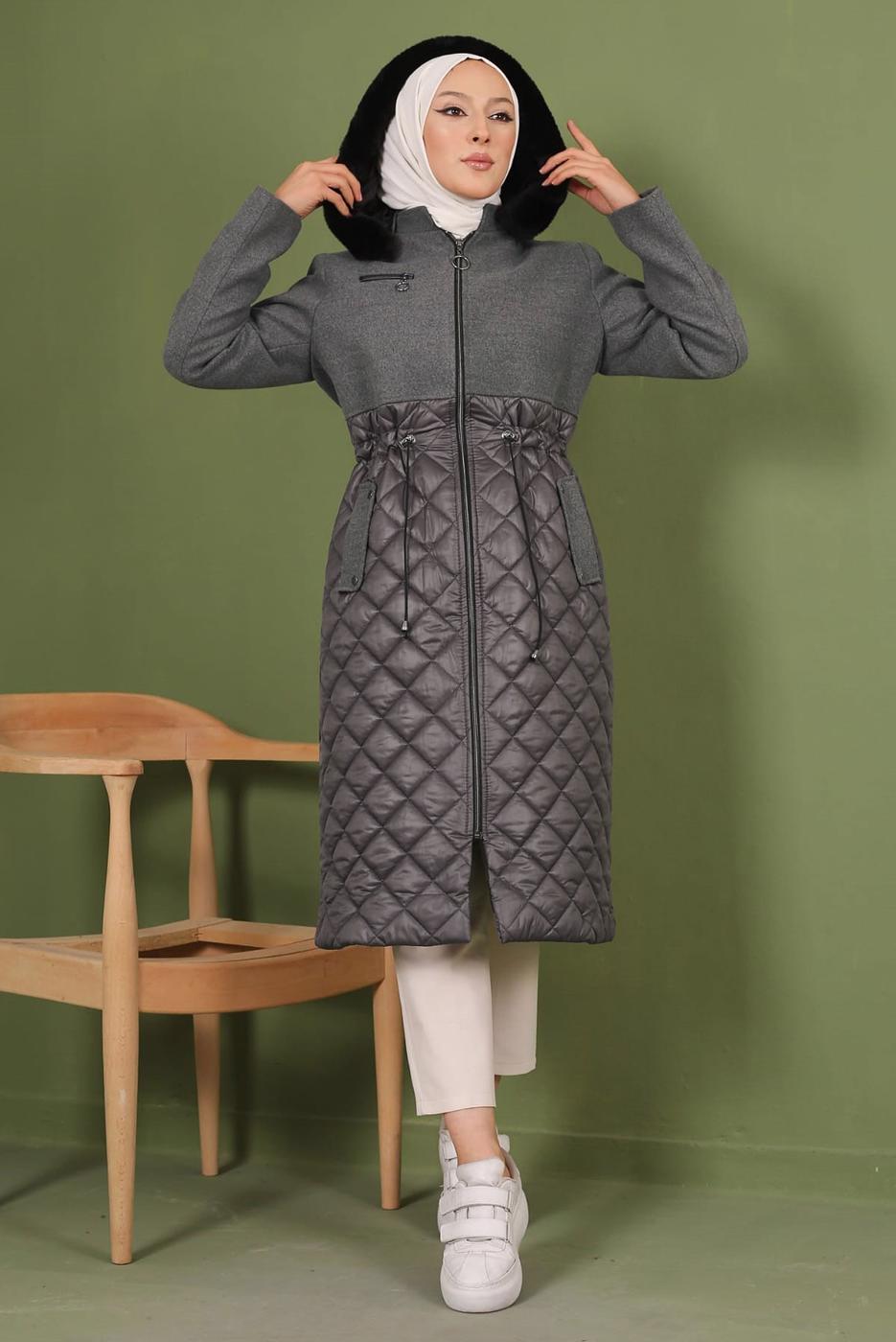 Tesettür giyim GRİ KAPÜŞONLU BELİ LASTİKLİ  KABAN T 8483