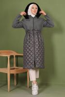 Tesettür giyim GRİ KAPÜŞONLU BELİ LASTİKLİ  KABAN T 8483