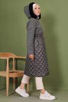 Tesettür giyim GRİ KAPÜŞONLU BELİ LASTİKLİ  KABAN T 8483